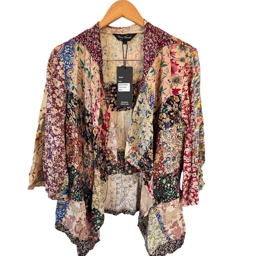 Young Threads Patchwork Floral Kimono Cardigan Latte Boho Size Large